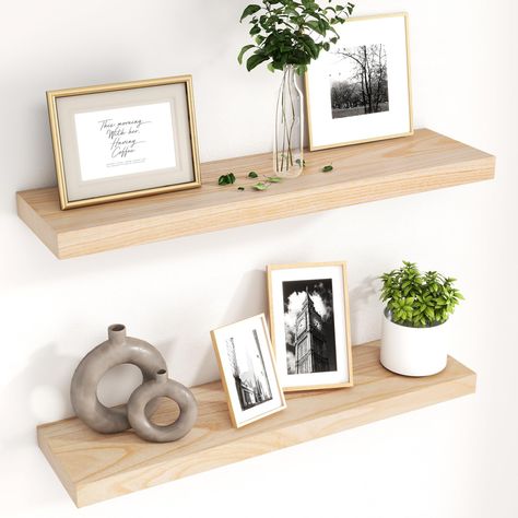 PRICES MAY VARY. SOLID WOOD SHELVES - The fuqing natural wood floating shelves for wall are handcrafted and polished from lightweight solid Paulownia wood. We deliberately retain the wood texture on the surface to create a natural and warm feelings that suit your various home decorations FLOATING DESIGN - Minimalist design with a sleek look allows our wooden wall shelves to blend effortlessly into any decor. The brackets are invisible after installation, making the shelves truly "floating" on th Raw Wood Shelves, Natural Wood Floating Shelves, Entryway Floating Shelves, Long Floating Shelves, Shelves For Living Room, Wall Shelves Bedroom, Oak Floating Shelves, Floating Shelf Decor, Shelves For Wall