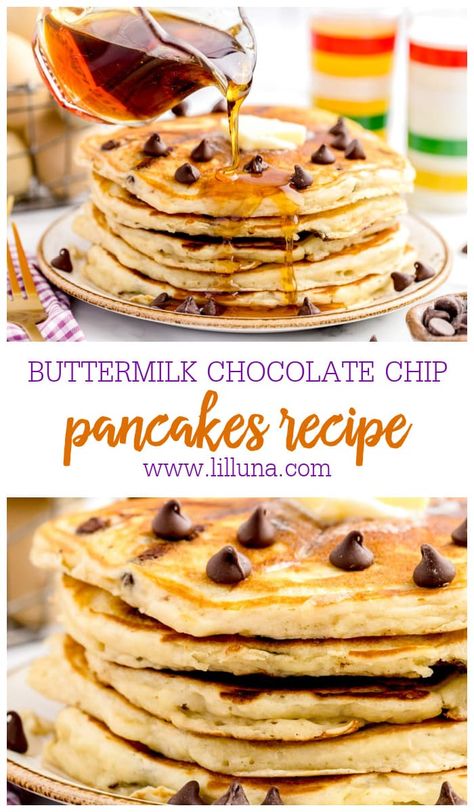 Fluffy Buttermilk Chocolate Chip Pancakes are whipped up in minutes for a family-favorite breakfast for every occasion! #chocolate #buttermilkpancakes #chocolatechippancakes #pancakes #breakfast Chocolate Chip Pancakes Recipe, Freeze Pancakes, Buttermilk Pancakes Fluffy, Breakfast Meat, Chocolate Chip Pancakes, Cinnamon Chips, Buttermilk Pancakes, Delicious Breakfast Recipes, Easy Delicious Recipes