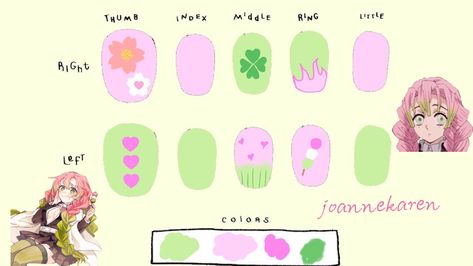 Mitsuri Kanroji Nail Art, Mitsuri Nail Art, Mitsuri Nails Design, Mitsuri Inspired Nails, Mitsuri Kanroji Nails, Mitsuri Nails, Fake Nails Designs, Hello Nails, Hippie Nails