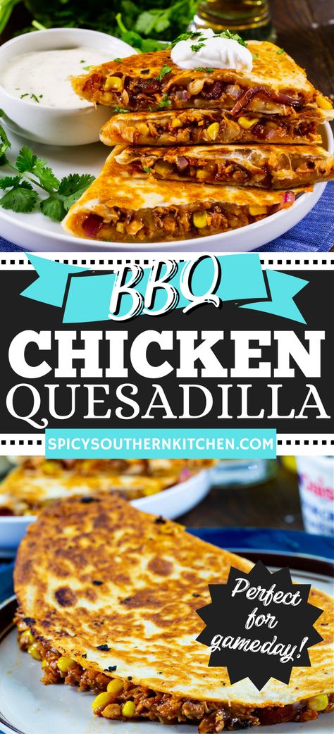 BBQ Chicken Quesadillas are full of corn, cheese, and sweet and tangy chopped chicken. They make an excellent lunch or easy dinner and are perfect for gameday. Easy to make with rotisserie chicken. Chicken Quesadillas With Rotisserie, Make With Rotisserie Chicken, Bbq Chicken Quesadilla, How To Make Bbq, Sweet Bbq Sauce, Chicken Quesadilla Recipe, Corn Cheese, Southern Kitchen, Quesadilla Recipes