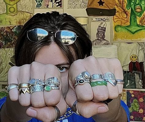 Maximalist Rings Aesthetic, Chunky Mixed Metal Rings, Maximalist Ring Stack, Eclectic Silver Jewelry, Silver And Gold Jewelry Mixing Rings, Mixed Metal Rings On Hand, Ring Stack Mixed Metal, Maximalistic Jewelry, Maximalist Silver Jewelry