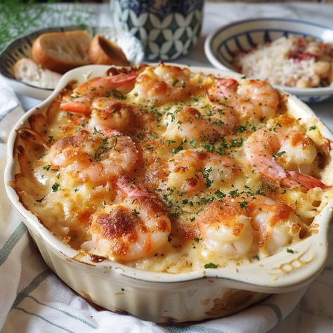 Shrimp and Scallop Gratin with Cauliflower Ingredients: For the Gratin: 1 lb (450g) shrimp, peeled and deveined 1 lb (450g) sea scallops, cleaned 1 small head of cauliflower, cut into florets 2 tbsp olive oil 3 tbsp butter 2 cloves garlic, minced 1 cup heavy cream 1 cup grated Gruyère cheese 1/2 cup grated Parmesan cheese 1/2 cup breadcrumbs 1/4 cup fresh parsley, chopped Salt and pepper to taste Fresh parsley for garnish Instructions: Prepare the Cauliflower: Preheat your oven to 375°F (190... Scallop Gratin, Cooked Cauliflower, Shrimp Cheese, Eating Food Funny, Sea Scallops, Head Of Cauliflower, Small Head, Delicacy Food, Weird Food