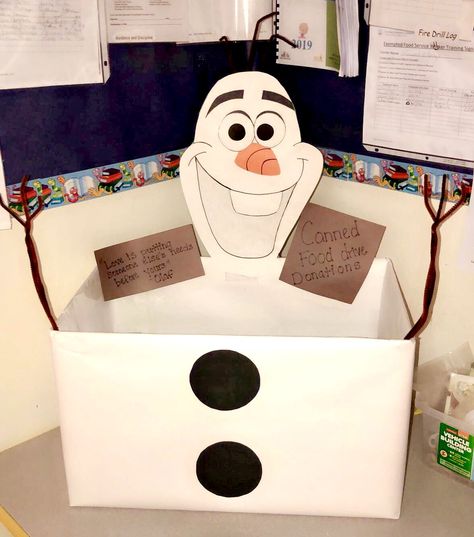 Olaf theme canned food drive box Toys For Tots Box Ideas, Christmas Food Drive Box Ideas, Can Drive Box Ideas, Christmas Donation Box Ideas, Toy Drive Box Ideas, Christmas Toy Drive Box Ideas, Can Food Drive Box Ideas, Candy Monster Donation Bin, Food Drive Box Ideas Fun