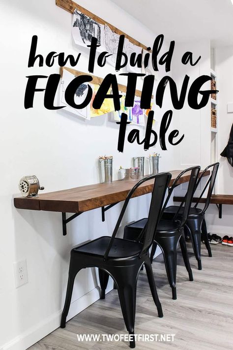 Do you want a wall-mounted desk that can be placed on almost any wall? Here is a DIY tutorial on how to build your own floating desk plus the process is easy! This will be the perfect solution for your home office or maybe for the kid's room. #twofeetfirst #diy #howto #desk #homeoffice Floating Table, Tim Allen, Teachers Lounge, Build A Wall, Wall Mounted Desk, Floating Desk, Kids' Desk, Diy Desk, Break Room