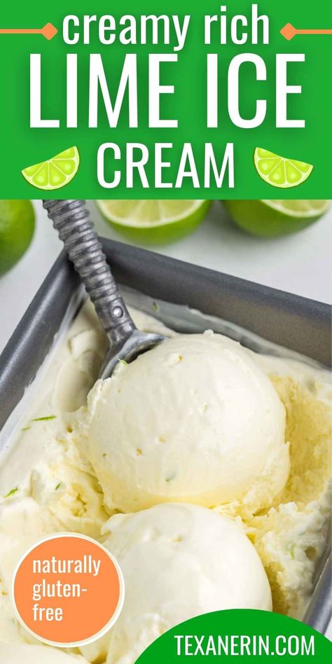 Lime Ice Cream - Texanerin Baking Recipes With Fresh Limes, Lime Ice Cream Recipe, Kitchen Aid Ice Cream, Lime Ice Cream, Frozen Treats Recipes, Green Ice Cream, Fruit Desserts Easy, Friends Recipes, Frozen Dessert Recipe