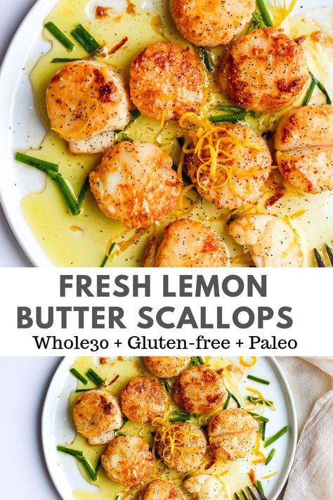 Fresh Lemon Butter Scallops - beautiful scallops cooked in ghee and fresh lemon juice. So delicious and easy to make! #whole30 #paleo #scallops #lemonbutterscallops Whole 30 Scallop Recipes, Paleo Scallops, Lemon Butter Scallops, Butter Scallops, Wooden Skillet, Fish Entrees, Paleo Seafood Recipes, Whole30 Fish Recipes, Paleo Fish