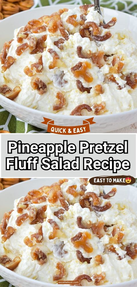 Pineapple pretzel fluff is a sweet dessert salad that will delight all sweet-tooth. Pineapple Pretzel Fluff Salad, Hawaiian Fluff Salad, Easy Dessert Salads, Pineapple Fluff Recipe With Pretzels, Pineapple Walnut Salad, Peach Pretzel Jello Salad, Desert Salads Recipes, Pineapple Fluff Recipe Cool Whip, Pineapple Marshmallow Salad