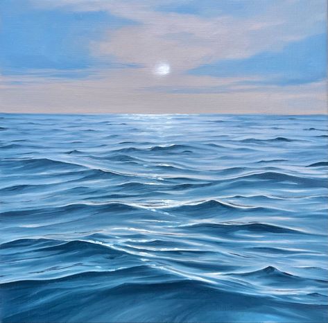 Oil painting of an ocean sunset. Painted using cerulean blue, paynes grey, red, yellow ochre, titanium white. 10x10” stretched canvas. Original painting sold ‘summer nights’ painting by Rosie Rowell. Limited edition prints now available. #oilpaintingocean #oceansunset #oceansunsetpainting #sunsetart #sunsetoilpainting #oceanoilpainting Ocean Surface Painting, Oil Paint Ocean, Ocean Horizon Painting, Paynes Grey, Sea Oil Painting, Ocean Oil Painting, Devon Artist, Ocean Art Painting, Ocean Horizon