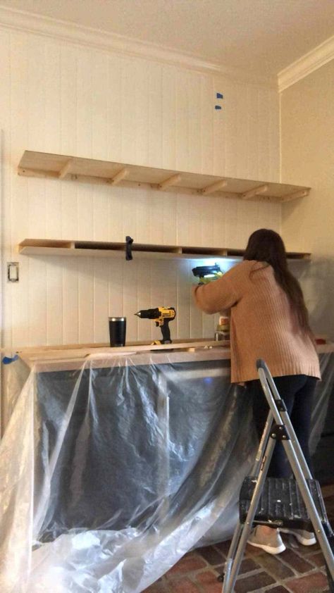 4 Step DIY Floating Shelves - House On Longwood Lane Diy Sturdy Floating Shelves, Floating Shelves Diy Easy, Diy Dry Bar, Floating Shelf Plans, How To Make Floating Shelves, Heavy Duty Floating Shelves, Kitchen Wet Bar, Diy Custom Closet, Kitchen Floating Shelves