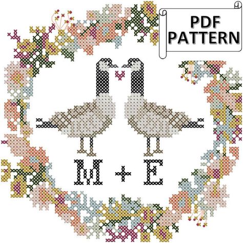 Candadian Geese Wedding Cross Stitch pattern with round floral border and full capital alphabet for you to personalize as needed by oneofakindbabydesign on Etsy Capital Alphabet, Celtic Cross Stitch, Canadian Geese, Wedding Cross Stitch Patterns, Wedding Cross Stitch, Wedding Cross, Cross Stitch Tree, Custom Cross, Cross Stitch Bird