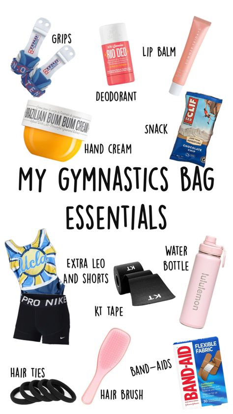 Mine!!🤸‍♀️🤸‍♀️ Gymnastics Bag Essentials, Gymnastics Essentials, Sports Bag Essentials, Gymnastics Bags, Gymnastics Skills, Clif Bars, Travel Infographic, Gymnastics Videos, Gymnastics Girls