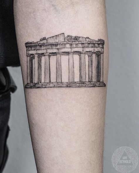 The Parthenon 🏛 First tattoo for Alisala! ... .. . #finelinetattoo #etchingtattoo #sftattoo #ianreynold #parthenon Philotimo Tattoo, Roman Collums Tattoo, Greek Pantheon Tattoo, Parthenon Tattoo Design, Greek Parthenon Tattoo, Classic Literature Tattoos, Pantheon Tattoo, Greek Temple Tattoo, Acropolis Tattoo