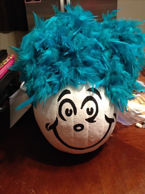 Painted Pumpkin Thing 1 from Dr. Seuss The Cat In The Hat Dr Suess Painted Pumpkins, Dr Suess Pumpkin Ideas, Dr Seuss Trunk Or Treat Ideas, Dr Seuss Pumpkin Decorating Ideas, Ways To Paint A Pumpkin, Cat In The Hat Trunk Or Treat Ideas, Dr Seuss Pumpkin, Cat In The Hat Painted Pumpkin, Lorax Pumpkin