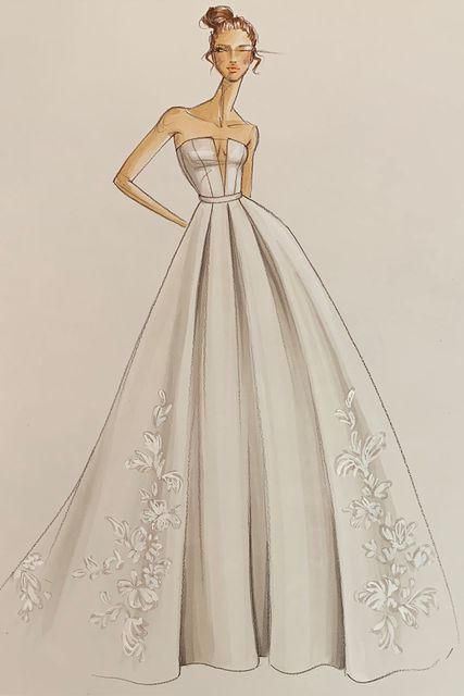 Wedding Gown Sketches Illustration, Ball Gown Fashion Illustration, Bridal Illustration Sketches, Wedding Dresses Sketches, Ball Gown Drawing, Sasha Obama Style, Barbie Office, Gown Sketch, Wedding Dress Drawings