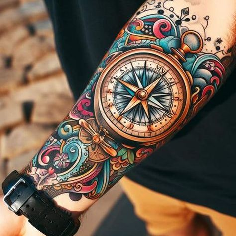 Compass And Anchor Tattoo Feminine, Colored Compass Tattoo, Compass Rose Tattoo Feminine, Steampunk Tattoos, Compass Tattoo Feminine, Traditional Compass Tattoo, Time Piece Tattoo, Brazilian Tattoo, Feminine Compass Tattoo