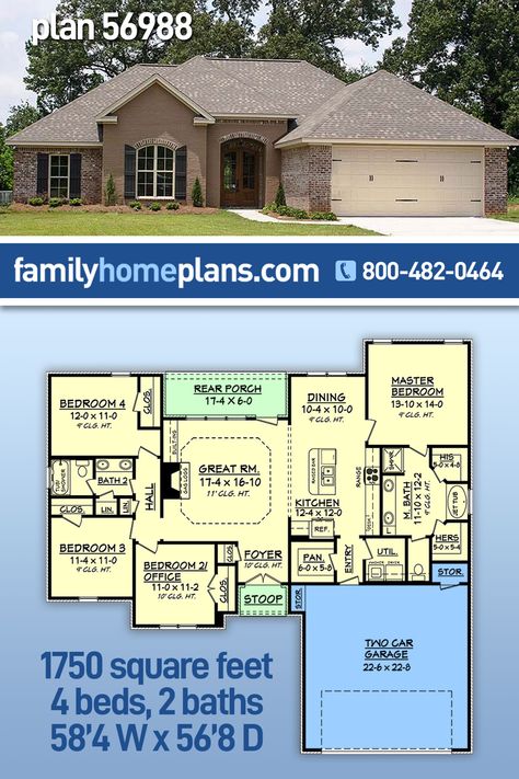 Country, French Country Style House Plan 56988 with 1750 Sq Ft, 4 Bed, 2 Bath, 2 Car Garage Small One Story 4 Bedroom House Plans, House Plans 1900 Sq Ft Open Floor, 1750 Sq Ft House Plans, 1600 Sq Ft House Plans Open Floor, 2000 Sq Ft House Plans One Level, Small 4 Bedroom House Plans, European Style House Plans, 1700 Sq Ft House Plans, Single Level House Plans