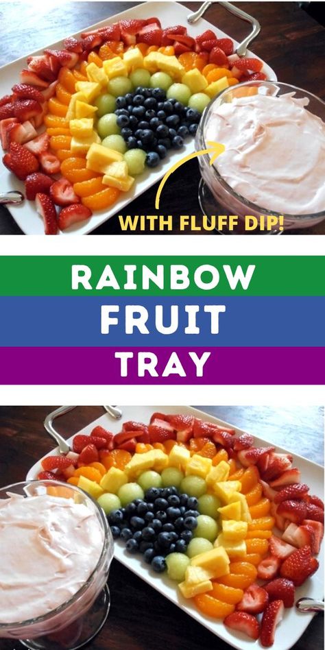 Rainbow Fruit Tray with Strawberry Fluff Fruit Dip Birthday For My Daughter, Rainbow Fruit Tray, Eat Rainbow, Birthday Party Appetizers, Rainbow Fruit Platters, Marshmallow Clouds, Fruit Rainbow, Strawberry Fluff, Clouds Rainbow