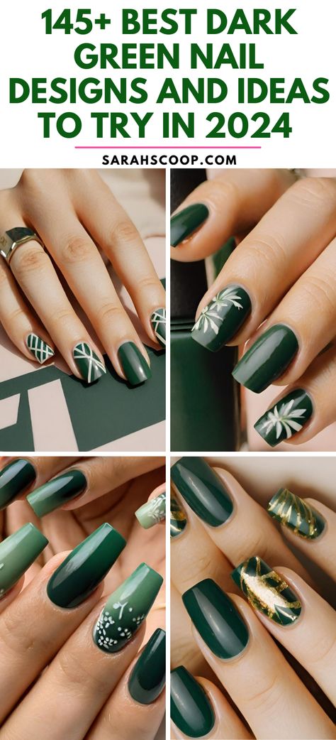 Discover 145+ Exceptional Dark Green Nail Designs and Ideas: Become the Queen of Nail Art in 2024! 💅 Forest Green Manicure, Emerald Green Nails With Gold Accent, Dark Green Biab Nails, Green Gold Gel Nails, Green Christmas Nail Designs Simple, Hunter Green Nails Design Fall, Dark Green Autumn Nails, Green November Nails, Dark Green Nails Christmas