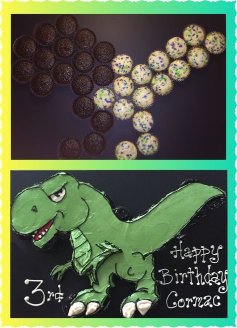 T-Rex dinosaur cupcake cake with cupcake pattern Dinosaur Cupcake Cake, T Rex Cake, Quick Vegetarian Recipes, Cupcakes Flores, Dinosaur Cupcake, Cupcake Pattern, Dinosaur Cupcakes, Dino Cake, Dinosaur Birthday Cakes