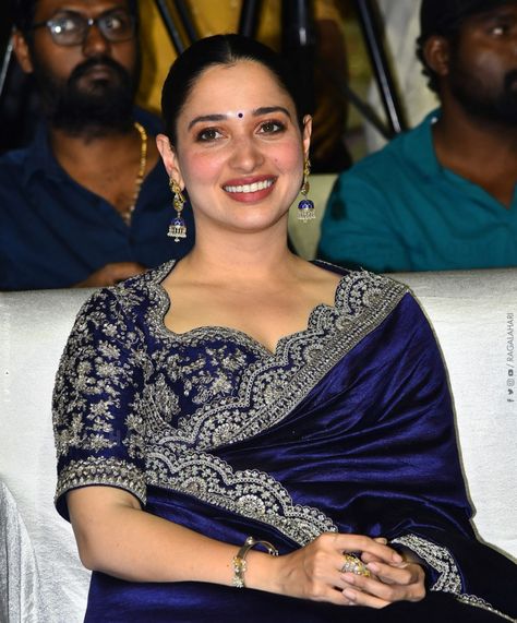 Tamannaah Bhatia in Jayanti Reddy – South India Fashion Blue Velvet Saree, Jayanthi Reddy, Royal Blue Saree, Velvet Saree, Jayanti Reddy, Sleek Bun, Silver Embroidery, Latest Designer Sarees, Boutique Trends