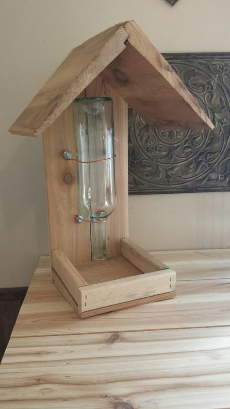 Bottle Bird Feeder, Bird Feeder Station, Wine Bottle Bird Feeder, Wooden Cross Crafts, Wood Bird Feeder, Wooden Bird Feeders, Wood Yard Art, Bird Houses Ideas Diy, Bird House Feeder