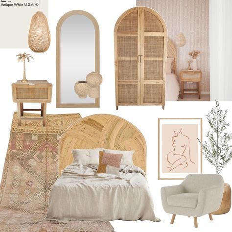 View this Interior Design Mood Board and more designs by Thefrenchfolk on Style Sourcebook Bohemian Bedroom Mood Board, Boho Hotel Room Interior Design, Eco Bedroom, Latte Wallpaper, Style Sourcebook, Bedroom Mood Board, Design Mood Board, Minimal Bedroom, Modern Boho Decor