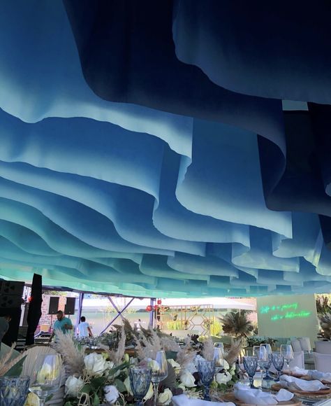 Waves Backdrop, Wave Ceiling, Theatre Decorations, Fruit Doodle, معرض فني, Wind Machine, Ice Magic, Fabric Installation, Wave Curtains