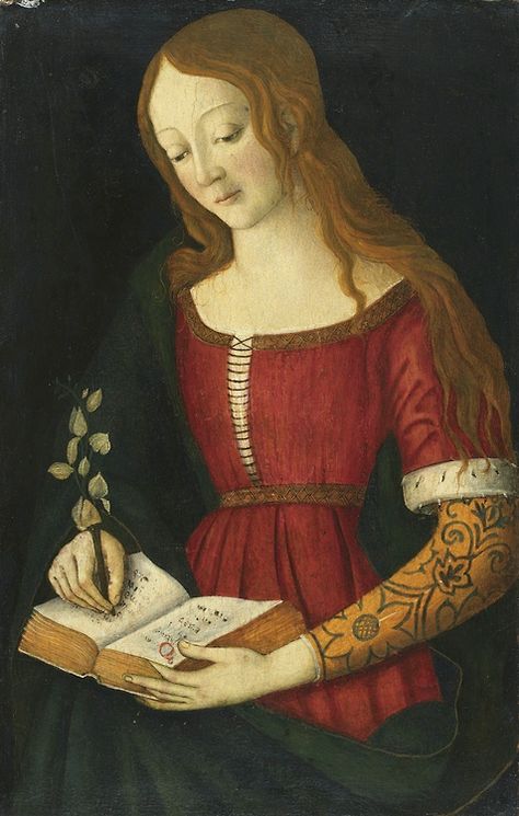 Giacomo Pacchiarotto -  A young lady writing a hymnal Medieval Artwork, Istoria Artei, Medieval Paintings, Medieval Woman, Medieval Clothing, Medieval Fashion, Medieval Art, Historical Costume, Dark Ages