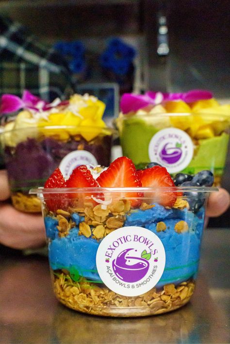 Bring a bit of Brazil to your next gathering with Exotic Bowls' delicious and colorful acai and smoothie fruit bowls 🍓🍌🍍 Contact us today to have this healthy food truck roll up to your event! ⁠ Healthy Food Truck, Acai Recipes, Bubble Tea Menu, Vanilla Protein Shake, Bowls Healthy, Acai Bowls Recipe, Food Truck Menu, Smoothie Shop, Peanut Butter Nutella