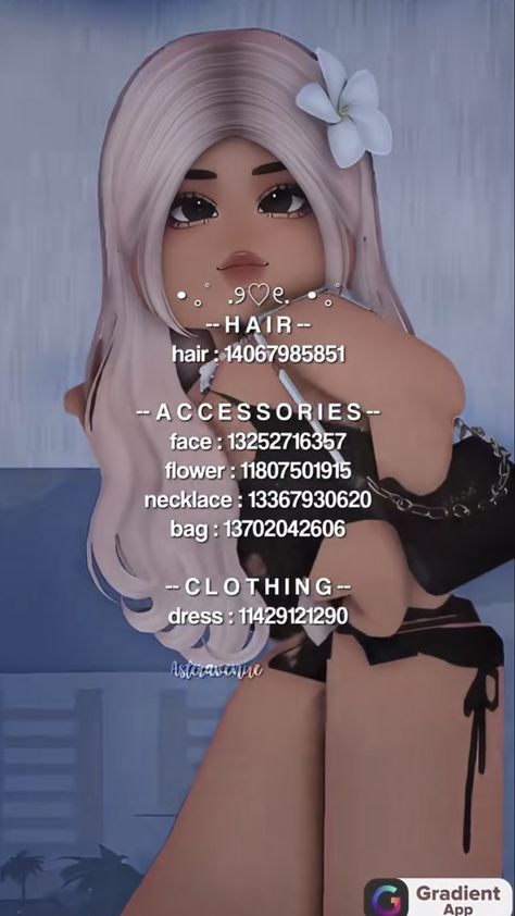 Not Mine!! ★ Creds to asteravenue on tt! Berry Avenue Outfit Code, Outfit Ideas Emo, Blocksburg Outfit Codes￼, Berry Codes, Roblox Code, Hair Necklace, Adorable Homes Game, Black Hair Roblox, Blonde Hair Girl