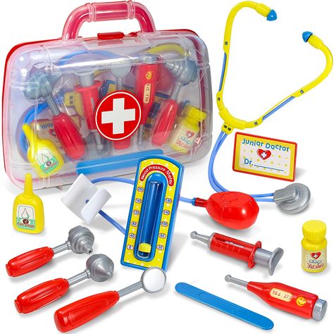 Make sure this fits by entering your model number. PLAY DOCTOR FOR HOURS - Tap in to preschoolers natural curiosity to explore all things including the human body. This fully stocked 11 piece doctor kit will have your children learning new things with each new tool they play with. WHATS IN THE BOX Our medical kit toy features one sturdy carrying case to tote all of the doctors tools around. Otoscope, Ophthalmoscope, Dental Mirror, Medical Spatula, Blood Pressure Cuff, Thermometer, Syringe, N.. Kids Doctor Set, Kids Doctor Kit, Doctor Play Set, Play Doctor, Playing Doctor, Kids Pretend Play, Medical Kit, Medical Doctor, Pretend Play Toys