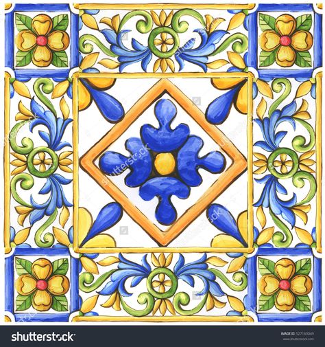 ornaments on the tiles, watercolor, spain, italy, Majolica, floral ornament Mediterranean Pottery, Mediterranean Tile, Italian Majolica, Floral Ornament, Spanish Tile, Italian Pottery, Italian Ceramics, Painting Tile, Tile Art