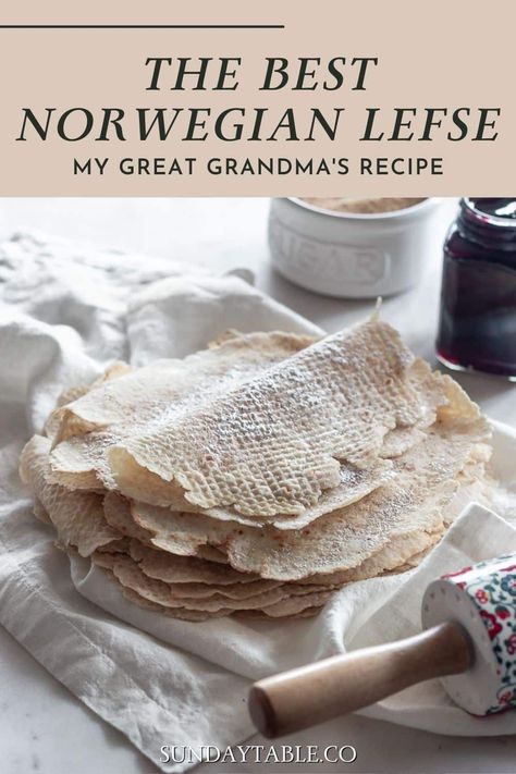 Norwegian lefse is one of my all time favorite recipes for the holidays! Although it is traditionally made at Christmas in the U.S., it's perfect for any time of the year. This post shows how to make Scandinavian lefse step-by-step with a few basic ingredients like potatoes, flour, and salt. They are great with butter and sugar but can also be filled with jam, cream, ham and cheese, meatballs, and more! Based on my Nordic great grandmother's famous recipe, this lefse is easy and always a hit. Lefsa Recipes Easy, Norwegian Drinks Recipes, How To Make Lefse, Lefse Filling, Traditional Scandinavian Food, Norwegian Flatbread Recipes, Norwegian Christmas Desserts, Lefsa Recipe How To Make, Norwegian Bread Recipes