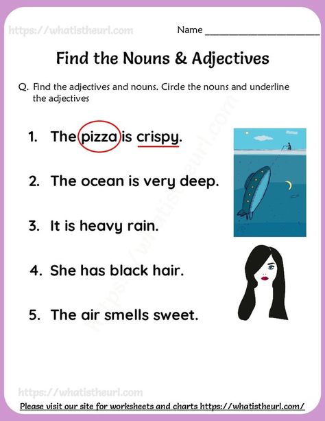 This is a free to print worksheet for Grade 1 students.  The kids will read the sentence and find out the nouns and adjectives in it.  They have to circle the noun and underline the adjective. Please download the PDF Noun and Adjectives Worksheet for grade 1 – exercise 8 Adjectives Worksheet For Grade 1, Adjectives For Kids, Adjectives Worksheet, Worksheet For Class 2, First Grade Reading Comprehension, Adjective Worksheet, Describing Words, Nouns Worksheet, English Teaching Resources