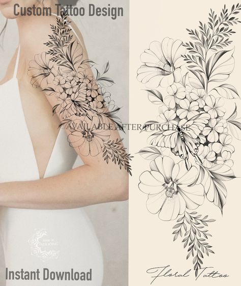 Floral Tattoo Design Hydrangea, Butterfly, Fern Leaves and Mallow Flowers Instant Download Printable Stencil - Etsy UK Blatt Tattoos, Hydrangea Tattoo, Printable Stencil, Flor Tattoo, Printable Tattoos, Sun Tattoo Designs, Fern Tattoo, Fern Flower, Mallow Flower