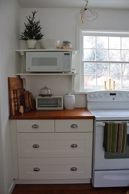 Microwave Shelves Microwave Shelves In Kitchen, Microwave Rack Ideas Small Spaces, How To Make A Microwave Look Nice, Floating Shelves With Microwave, Microwave On Open Shelving, Hanging Microwave Shelf, Microwave On Wall Shelf, Microwave Placement In Kitchen Small Spaces, Top Of Microwave Decor