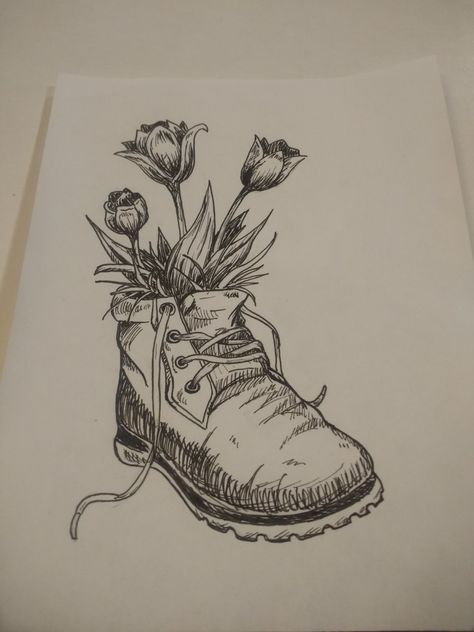 #flowers #tulips #boot #pen #drawing #art Flower Black Pen Drawing, Boots Art Drawing, Bottle With Flowers Drawing, Boot With Flowers Drawing, Black Pen Drawing Sketches, Black Pen Drawing Ideas, Boot Sketch, Flower Pen Drawing, Boots Sketch