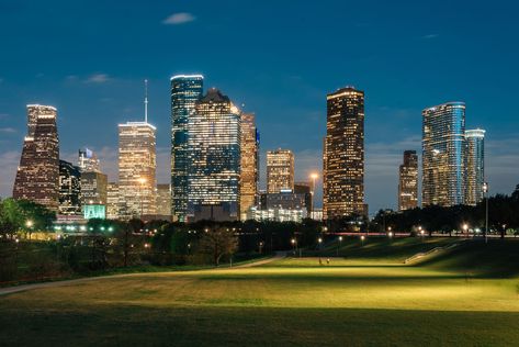 View of the Houston skyline at night from Eleanor Tinsley Park, in Houston, Texas Houston At Night, Houston Skyline, Skyline At Night, White Car, Hotel Motel, Posters Framed, Image House, Gas Station, Houston Texas