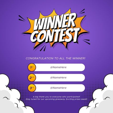 Winner contest announcement for social m... | Premium Vector #Freepik #vector #giveaway-winner #contest-winner #winner-announcement #contest Winner Creative Ads, Contest Alert Creative Ads, Giveaway Creative Ads, Contest Winner Poster, Giveaway Winner Post, Winner Announcement Design, Winner Poster Design Ideas, Giveaway Winner Template, Giveaway Winner Announcement Instagram