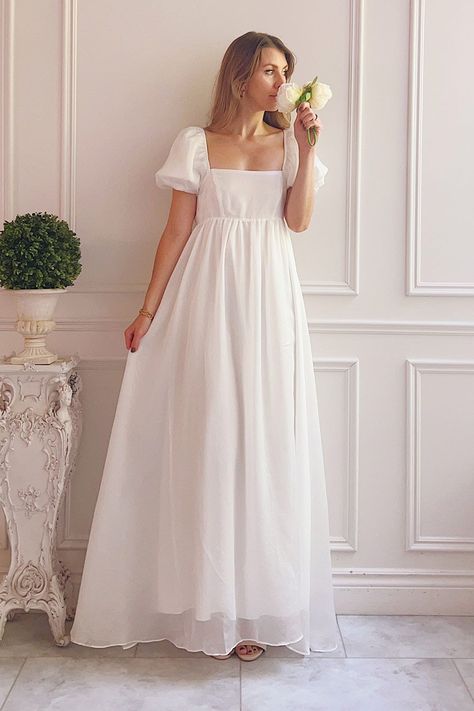 White Empire Waist Dress, Empire Waist White Dress, Square Neck Empire Waist Dress, Empire Waist Wedding Dress Midi, Flowy Maxi Dress With Sleeves, Ready To Wear Wedding Dress, White Dress Flowy, Empire Cut Dress, Empire Waist Dresses