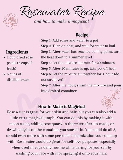 Rose Water Recipe, Rosewater Recipe, Witch Notes, Rose Petal Uses, Make Rose Water, Homemade Rose Water, Rose Water Diy, How To Make Rose, Spell Work