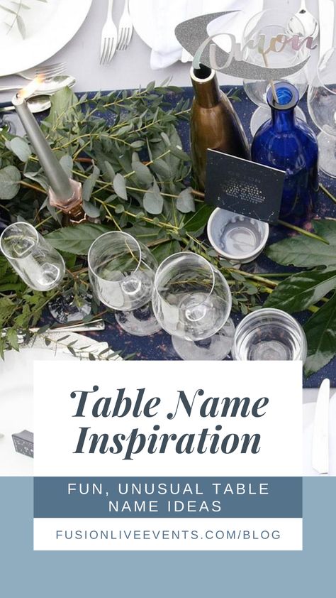 Table names are a great way to show a little bit of your couple style and personality. Whether you choose table names to reflect your wedding theme, or opt for something a bit more fun or unusual, hopefully these ideas will inspire you.

Check out the blog for some fun, unusual table name ideas. Table Name Ideas, Table Plan Ideas, Traditional Names, Wedding Table Names, Table Name, Dinner Party Themes, Dinner Party Table, Creative Tables, Classic Names