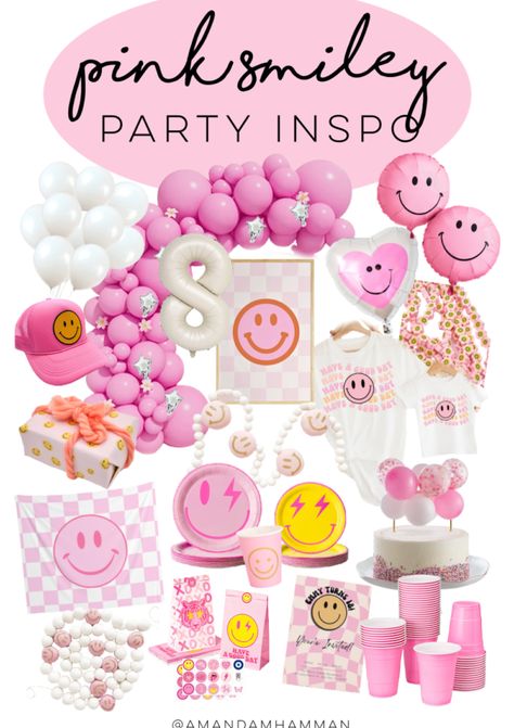 Pink Retro Birthday Party, Smiley Faces Birthday Party, Pink Preppy Birthday Party Ideas, Different Birthday Party Themes, Cute Theme Birthday Party, Preppy Aesthetic Birthday Party, Daisy And Smiley Face Party, Smiley Balloon Arch, 8 Themed Birthday Party