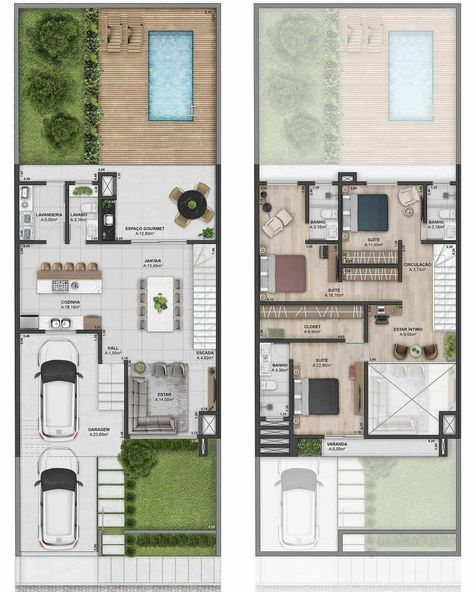 Beach House Flooring, 3d Floor Plans, House Floor Design, Architectural Floor Plans, Modern Style House Plans, Narrow House, House Construction Plan, Model House Plan, House Layout Plans