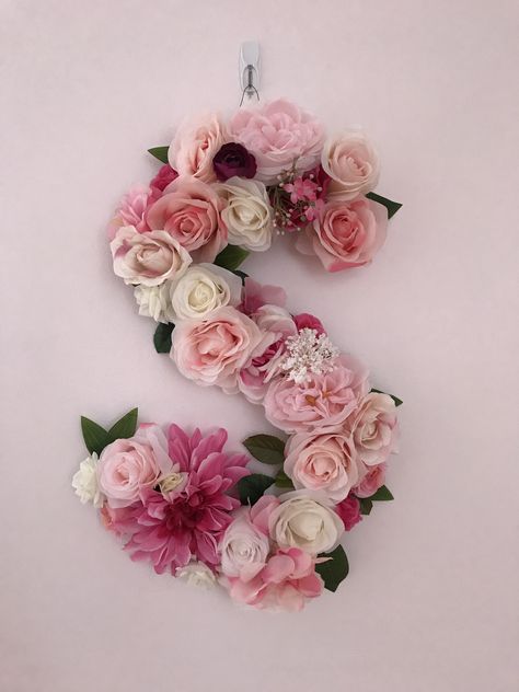 Letter S for a child’s playroom. Made from fake flowers with a cardboard base Foam Flower Letters Diy, Projects With Fake Flowers, Cardboard Letters With Flowers, Floral Letter Diy Fake Flowers, Floral Letters Diy, Wooden Letters Diy, Fake Flowers Decor, Love Pink Wallpaper, Diy Xmas Gifts