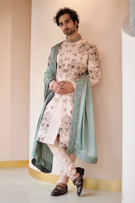 Pink Sherwani, Jatin Malik, Hand Embroidered Dupatta, Embroidered Sherwani, Sherwani Groom, Mens Sherwani, Satin Hands, Green Hand, French Knots