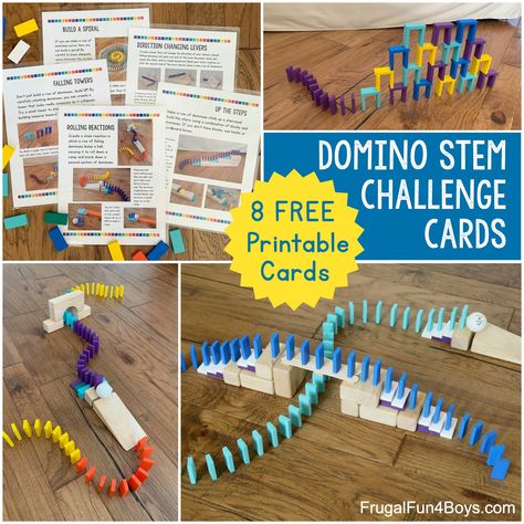 Engineering Challenges with Domino Chain Reactions (Printable Cards!) - Frugal Fun For Boys and Girls Domino Stem Challenge Cards, Domino Stem Challenge, Task Master, Stem Bins, Engineering Challenges, Elementary Stem Activities, Montessori Science, Rube Goldberg, Steam Ideas