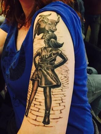 Woman’s ‘Fearless Girl’ tattoo is a middle finger to all the jerks Fearless Girl Statue, Middle Aged Woman, Statue Tattoo, Girl Tattoo, Tiny Tattoos, Wall Street, Girl Tattoos, Tatting, Body Art