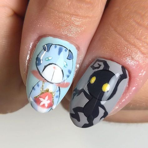 Kingdom Hearts Nail Art, Final Fantasy Nails, Kingdom Hearts Nails, Hearts Manicure, Hearts Nail Art, Hearts Nails, Fantasy Nails, Diy Acrylic Nails, Heart Nail Art