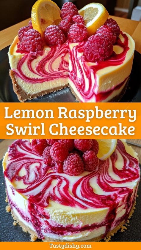 Delicious Lemon Raspberry Swirl Cheesecake Recipe to Brighten Your Day! - Delicious Recipes - Easy Cooking Ideas and Tasty Dishes Raspberry Cheesecake Swirls, Cheesecake Lemon Raspberry, Luscious Lemon Raspberry Cheesecake, Cheesecake Recipes Lemon Raspberry, Mango Raspberry Cheesecake, Neopolitan Cheesecake Recipes, Raspberry Cheesecake Topping Recipe, Baked Lemon Cheesecake Recipe, Blueberry And Raspberry Desserts